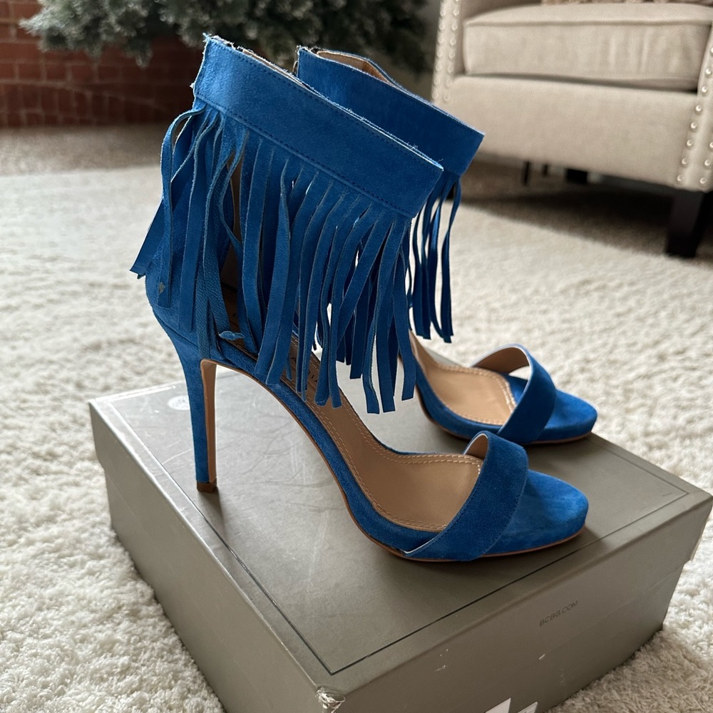 BCBG Blue Suede Fringe Heels Size 8.5